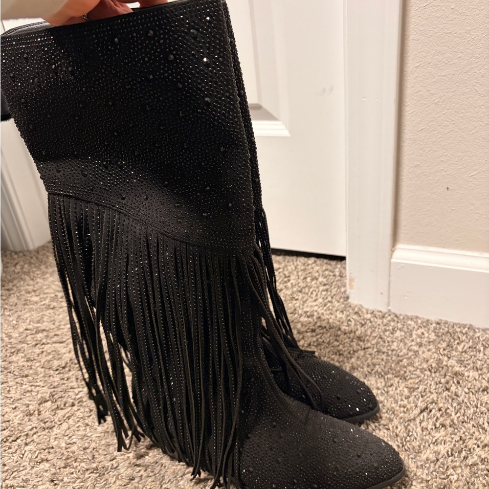 Black Fringe Knee-High Women's Western Boots